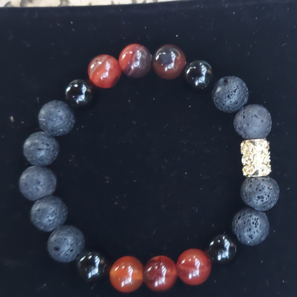 Men's Black Lava & Burndt Orange Agate Beaded Stretch Bracelet 10mm Gold Accent